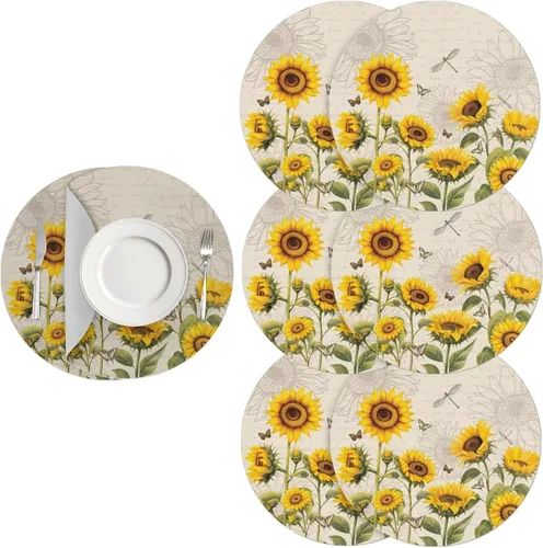 Vista 13 de Manteles individuales de cuero de girasol, lavables, redondos, impermeables y de fácil mantenimiento, decoración de cocina, accesorios de mesa