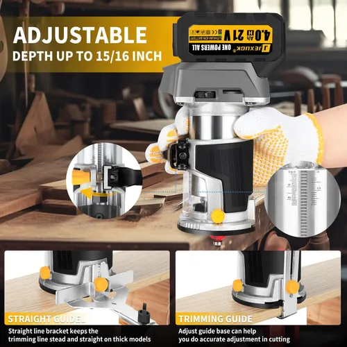 Vista 6 de JEXUGK Enrutador Inalámbrico Sin Escobillas, Enrutador de Madera Compacto de 21V con Batería de 2x4.0Ah, Enrutador de Palma Portátil Pequeña con 6