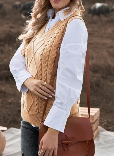 Vista 4 de EVALESS Chaleco Suéter de Gran Tamaño para Mujeres Cuello en V Sin Mangas Color Sólido Suéter Pullover Suelto 1 caqui.