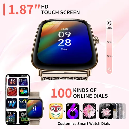 Vista 7 de Reloj inteligente para mujer Fitness Tracker dorado Bluetooth Make Answer Call, Waterproof, Android iPhone Samsung Compatible, Sleep Heart Rate