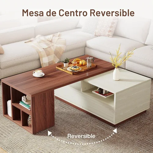 Vista 4 de Tribesigns Mesa auxiliar extensible con 2 cajones de almacenamiento, mesa reversible para sala de estar con estantes y parte superior ajustable