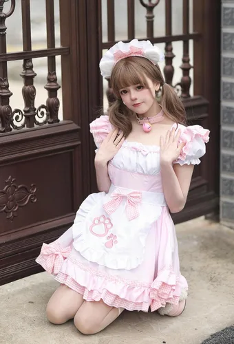 Vista 4 de Delantal de sirvienta amarillo de anime, vestido de Lolita, disfraz de cosplay, sombreros, calcetines con dobladillo de falda para mujeres y niñas