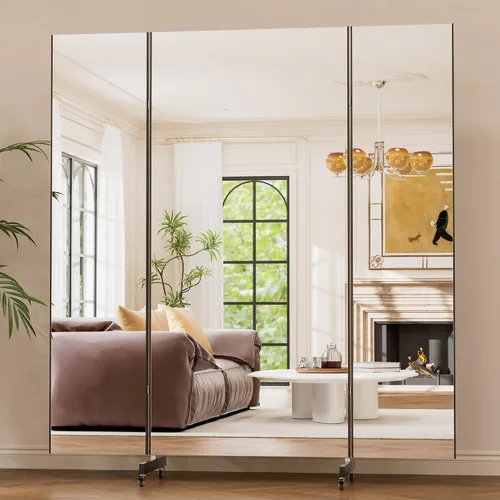 Vista 7 de brisafe 67"x55" Folding Mirror with Wheels, 3-Panel Full Length Standing Mirror, Space-Saving, Shatterproof Nano Material, Portable Floor Mirror for