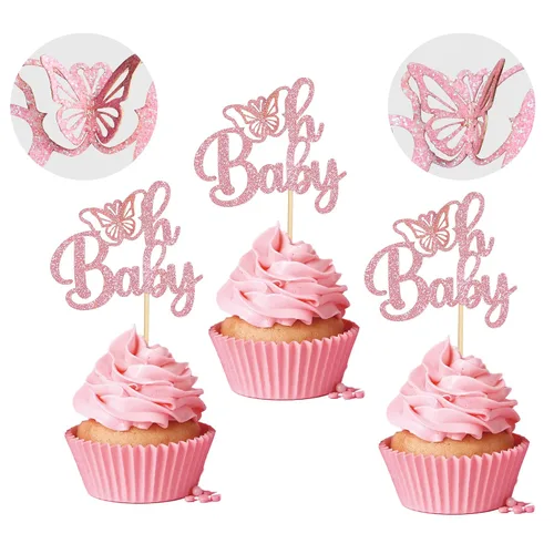 Vista 10 de Gyufise 24 piezas de decoración de mariposa rosa claro con purpurina Oh Baby Butterfly - Decoración de mariposa para baby shower Girl - Suministros