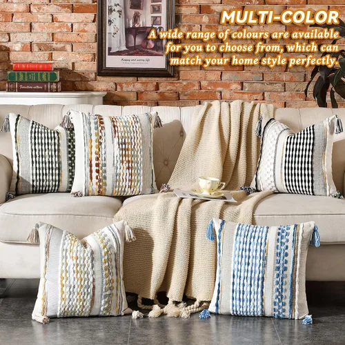 Vista 5 de AmHoo - Fundas de almohada de 18 x 18 pulgadas con borlas, fundas de almohada decorativas tejidas con textura de chenilla estilo boho para sofá