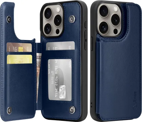 Vista 9 de Arae Funda para iPhone 15 [6.1 pulgadas] - Funda tipo cartera con bolsillos para tarjetas de piel sintética con tapa trasera para iPhone 15 de 6.1
