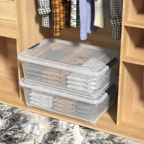 Vista 5 de Paquete de 3 cajas de almacenamiento transparentes de 20 cuartos de galón con ruedas, contenedores de plástico debajo de la cama con tapas