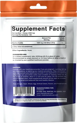 Vista 9 de Vitamatic Bacillus Subtilis Pure Powder - Polvo probiótico - Salud intestinal - 3.53 oz - 100 porciones