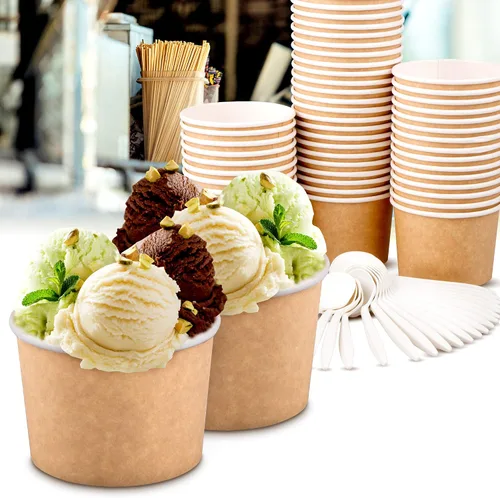 Vista 7 de Promora Tazas de helado de papel desechables de 12 onzas, 50 unidades + cucharas, cuencos para sopa caliente/postre con cucharas, perfectas
