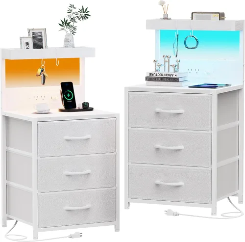 Vista 11 de SZLHANJZ - Mesita de noche LED con estación de carga, mesita de noche con 3 cajones y luces, mesa auxiliar de almacenamiento con estante y ganchos