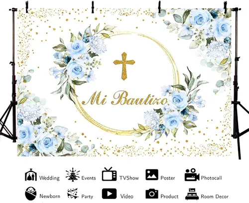 Vista 3 de AIBIIN Telón de fondo Mi Bautizo de 7 x 5 pies para niño, color azul, floral, bautismo, primera comunión, fotografía, fondo, bautizo, puntos