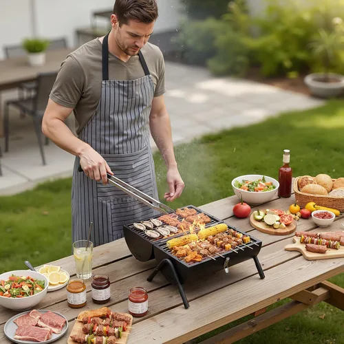 Vista 8 de VINGLI Parrilla de carbón portátil de doble cara, mango de madera, bolsa de almacenamiento, multifuncional de metal compacto de mesa para barbacoa