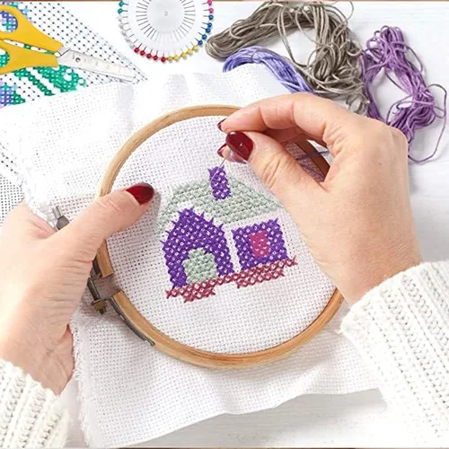 Vista 5 de Kits de iniciación de bordado estampado para bricolaje, pájaro azul con patrón para principiantes, aros de tela, hilos de costura, arte de punto