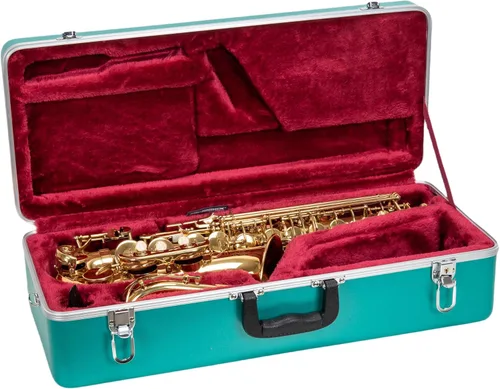 Vista 11 de Crossrock Funda para saxofón alto de ABS – Acabado champagne rectangular, interior de terciopelo burdeos, cerradura de seguridad y correa