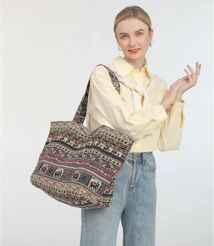 Vista 4 de OPQRSTU Bolso de mano hippie para mujer, bolso bohemio de gran capacidad, bolsos de hombro para turistas portátiles