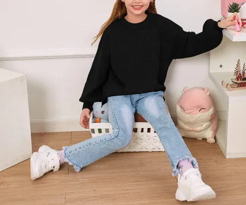 Vista 7 de Imily Bela Suéteres para niñas de gran tamaño, suéter grueso de moda con abertura lateral