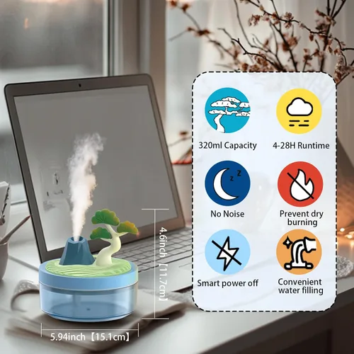 Vista 2 de Mini Humidificador Lindo 320mL con Vapor Frío con 2 Modos de Niebla, para Hogar/Cuna/Oficina, Mini Humidificador de Aire Portátil, humidificador Azul