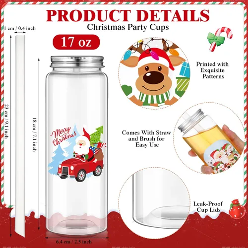Vista 2 de Skylety 24 piezas de grandes tazas reutilizables de Navidad con tapas y popotes, 17 onzas, vasos de plástico transparente, tazas de Papá Noel