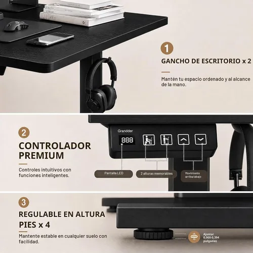 Vista 7 de Grandder Escritorio eléctrico grande de pie de 47 x 32 pulgadas, escritorio de computadora de altura ajustable con 2 ajustes preestablecidos de Negro