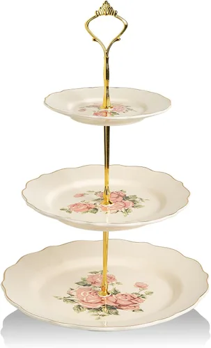 Vista 15 de Sweejar Soporte de cerámica para tartas de 3 niveles, soporte para postres, soporte para cupcakes, bandeja para servir pasteles de fiesta de té