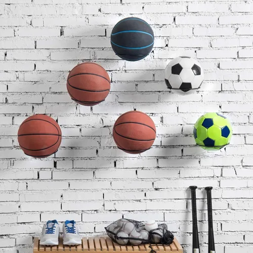 Vista 2 de MyGift Almacenamiento de bolas deportivas de metal negro montado en la pared, estante de exhibición redondo de 7 pulgadas para pelota de fútbol