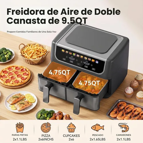 Vista 5 de Freidora de aire de 2 cestas de 9.5 cuartos de galón, freidora de aire doble 10 en 1 con placa de cerámica para verduras, temperatura ancha de 80 a