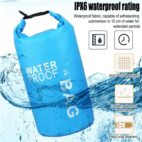 Vista 4 de Bolsa seca impermeable de 2 litros, saco ligero enrollable para kayak, natación, campamento y playa, compacto y resistente al agua, esencial