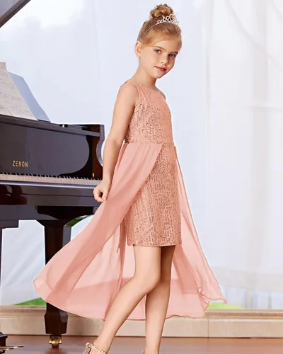 Vista 6 de GRACE KARIN Vestido de lentejuelas para niñas, vestido de fiesta de cumpleaños de un hombro, vestidos de graduación 6-14 años