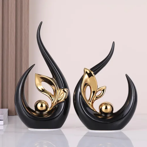 Vista 4 de Esculturas abstractas de oro negro de 9.4 pulgadas de alto, decoración del hogar, estatua de arte de cerámica genial para poner en estantes