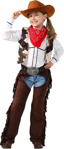 Vista 4 de Kid's Cowgirl Chaps Costume for Girls, Wild West Halloween Outfit, Multicolored Western Rodeo Party Dress Up