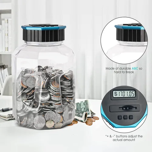 Vista 6 de Alcancía X-Large para adultos y niños, Vcertcpl banco digital contador de monedas con contador LCD, capacidad de 2.4L, excelente banco contador