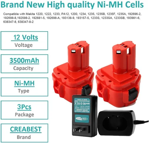 Vista 2 de CREABEST Paquete de 2 baterías de repuesto Ni-MH de 12 V 3.5 Ah para Makita
