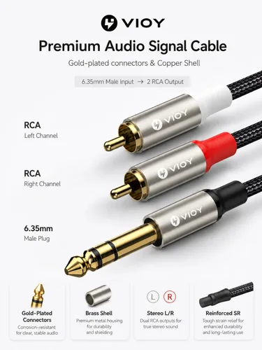 Vista 4 de VIOY Cable de audio RCA de 1/4 a doble, carcasa de cobre chapada en oro, resistente, conector TRS macho de 0.250 in de cuarto de pulgada a 2 RCA
