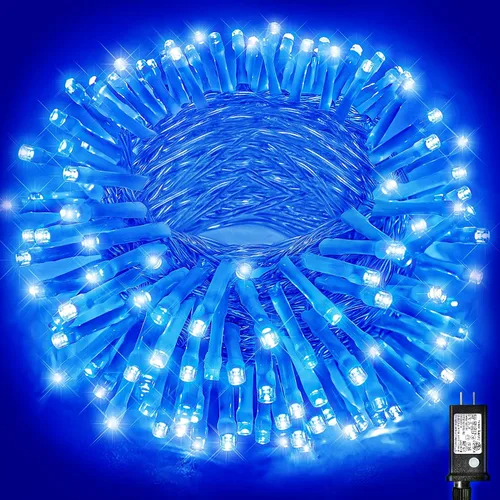 Vista 12 de Guirnalda de luces navideñas con 100 LEDs, tira de 33 pies, 8 modos, conectable, impermeable, parpadeante, con temporizador y memoria, para Azul