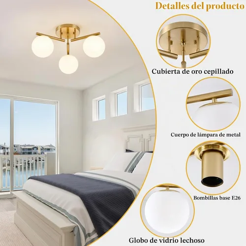 Vista 4 de Lámpara de techo Sputnik de latón de 3 luces, lámpara de techo semiempotrada, latón dorado de 21.65 pulgadas, globo de vidrio lechoso de mediados