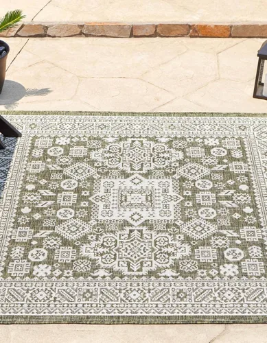 Vista 22 de Unique Loom Outdoor Aztec Collection Alfombra de área, Chalca (5 pies 3 pulgadas, octágono, aguamarina/marfil)