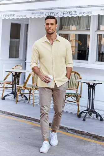 Vista 24 de COOFANDY Camisa Oxford de manga larga con botones para hombre, camisas de vestir de ajuste regular