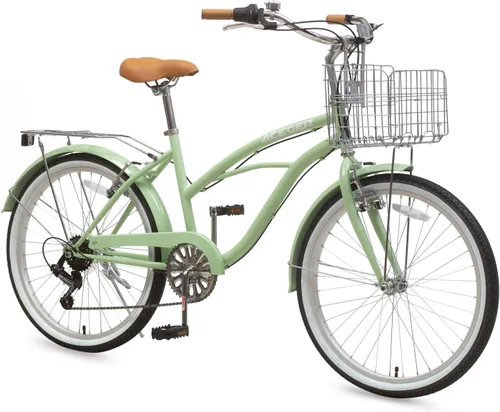 Vista 11 de ACEGER Girls Bike with Rattan Basket for 10+ Years, 24" 26" 1 & 7 Speed Comfort Commute Bicycle, Included Dual Brakes & Seat Rack, Adjustable