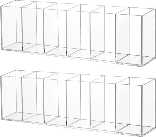 Vista 8 de Paquete de 2 soportes acrílicos para brochas de maquillaje, 6 compartimentos, organizador de lápices, soporte para lápices de escritorio