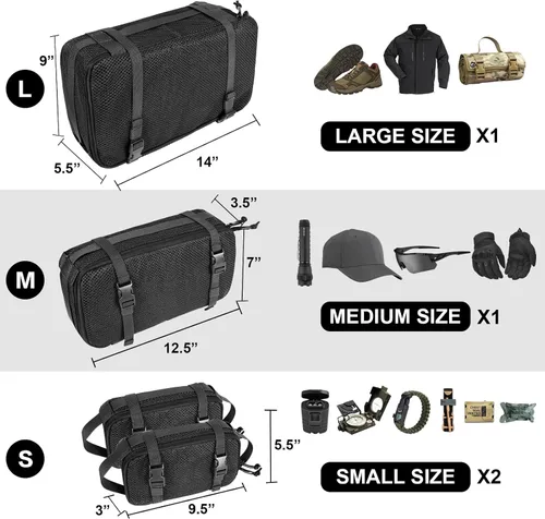 Vista 22 de Juego de 4 cubos de embalaje tácticos, bolsa de almacenamiento de malla compresible, organizador portátil Edc Molle.