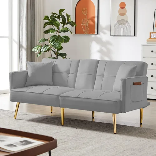 Vista 3 de Sofá sofá futón con respaldo ajustable, sofá biplaza de terciopelo con patas de metal para sala de estar, dormitorio, espacio pequeño (gris)
