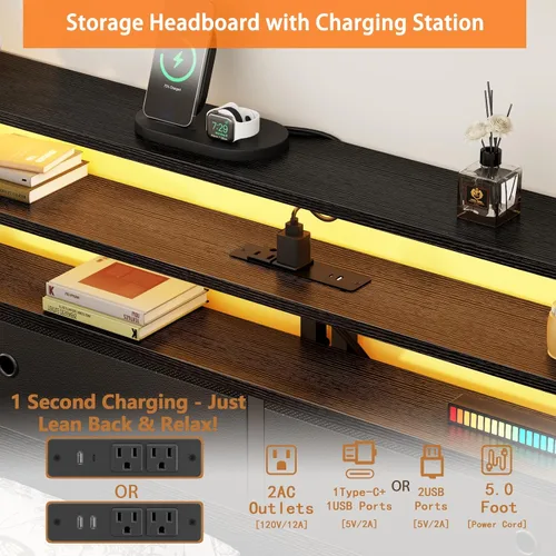 Vista 5 de Full Size Bed Frame with Headboard, 3-Tier Storage Shelves & 2 Fabric Drawers, Built-in Charging Station & RGB LED Lights, Metal Slat Support, No