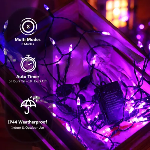 Vista 3 de BrizLabs - Luces de Halloween moradas, 100 luces LED de 33 pies, cadena de luces con 8 modos y temporizador, luz de árbol morada