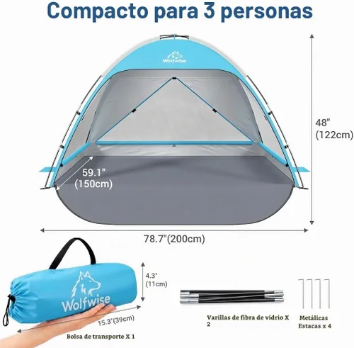 Vista 5 de Wolfwise Tienda de playa Refugio de sol portátil, Cabaña estándar de la Shade Beach Essentials, protección UV UPF 50+ y fácil instalación, ventanas