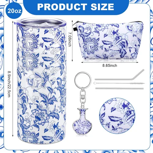 Vista 3 de Abbylike 3 vasos de acero inoxidable azul y blanco de 20 onzas, regalo chinoiserie, bolsa de maquillaje azul y blanco, llavero para enamorados