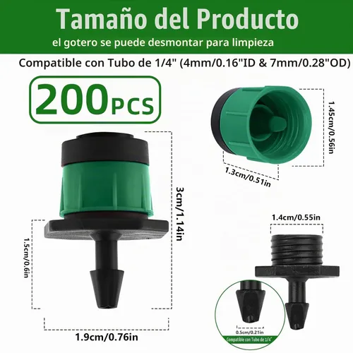 Vista 2 de Kalolary - Goteros de riego ajustables de 1/4 de pulgada, 200P, emisores de riego por goteo para tubo de 4/0.276 in, rociador de flujo de agua