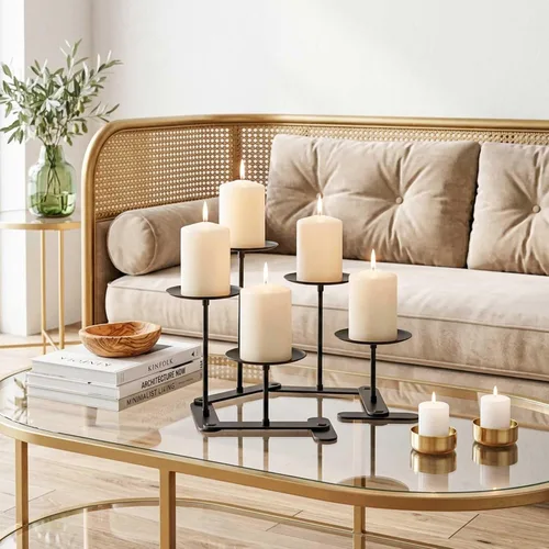 Vista 4 de Candelabro para chimenea: Portavelas de chimenea con 5 placas de pilar de cera - Decoración de centro de mesa de candelabro ajustable - Soporte