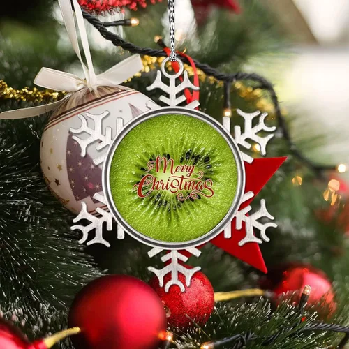 Vista 4 de Adorno de copo de nieve verde para árboles de Navidad, frutas, comida realista, adornos de Navidad personalizados 2022, divertido recuerdo de metal