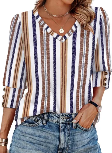 Vista 31 de XIEERDUO - Blusas de manga 3/4 para mujer, cuello en V, con botones, estilo A-blanco
