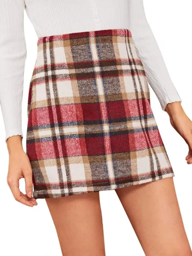 Vista 4 de MakeMeChic Falda a cuadros para mujer, de cintura alta, mini falda lápiz
